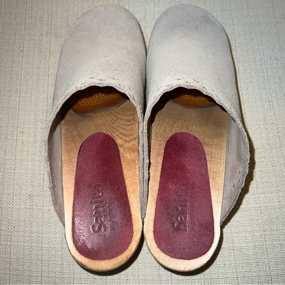 SANITA Size 37EU / 6.5 USA Tan Suede Clogs Wooden Sole Open Back Shoes Laser Cut main image 11